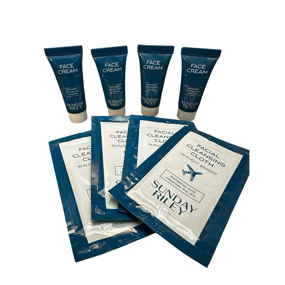 Lot 4 Sunday Riley FACE CREAM In-Flight Remedy + 4 Facial Cleansing Cloth Travel